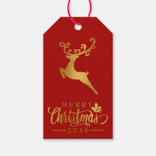 Etiqueta Para Presente Feliz Natal, Dourado Glitter Reindeer, Feriado Ver
