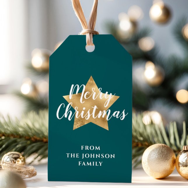 Etiqueta Para Presente Feliz Natal Dourado Teal Verde Estrela (Merry Christmas Gold Star Green Teal Gift Tags)