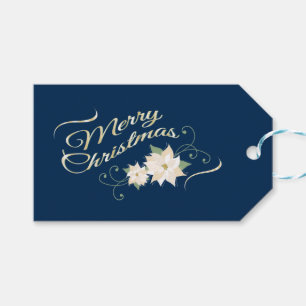Etiqueta Para Presente Feliz Natal em Azul e Dourado com Poinsettias Bran