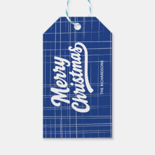 Etiqueta Para Presente Feliz Natal em Estilo de Linho Azul e Branco
