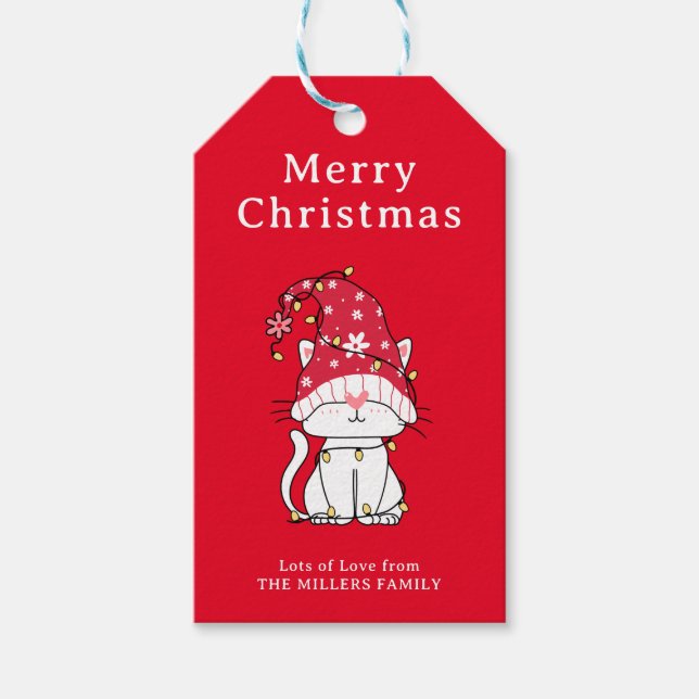 Etiqueta Para Presente Feliz Natal Engraçado Gato de Natal Bonito (Frente)