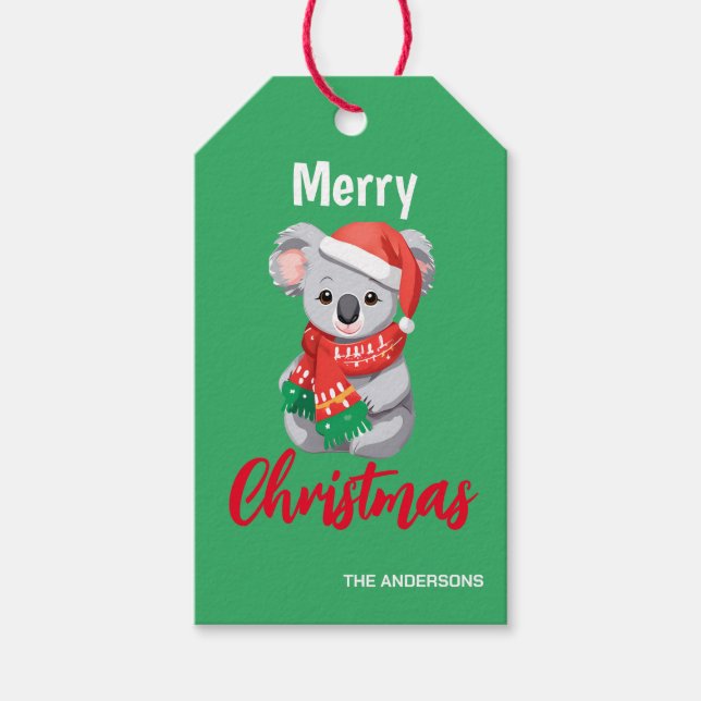 Etiqueta Para Presente Feliz Natal Engraçado Koala Papais noeis vermelho  (Frente)