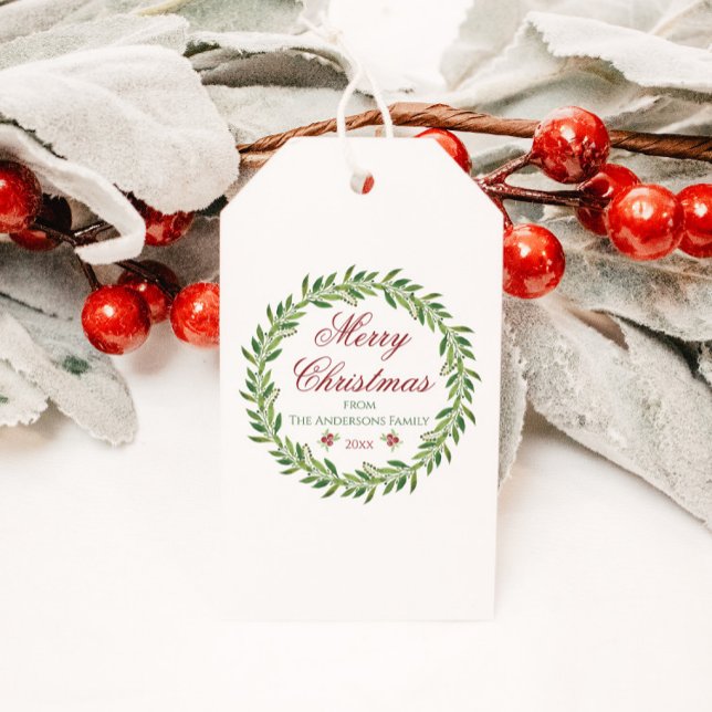 Etiqueta Para Presente Feliz Natal Família Wreath Winter (Criador carregado)