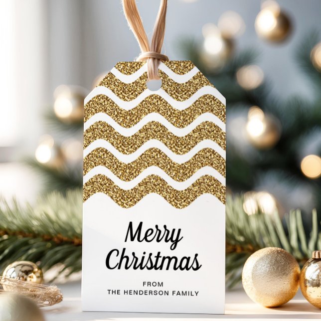 Etiqueta Para Presente Feliz Natal Faux Dourado Branca de Brilho (Merry Christmas Faux Gold Glitter White Gift Tags)