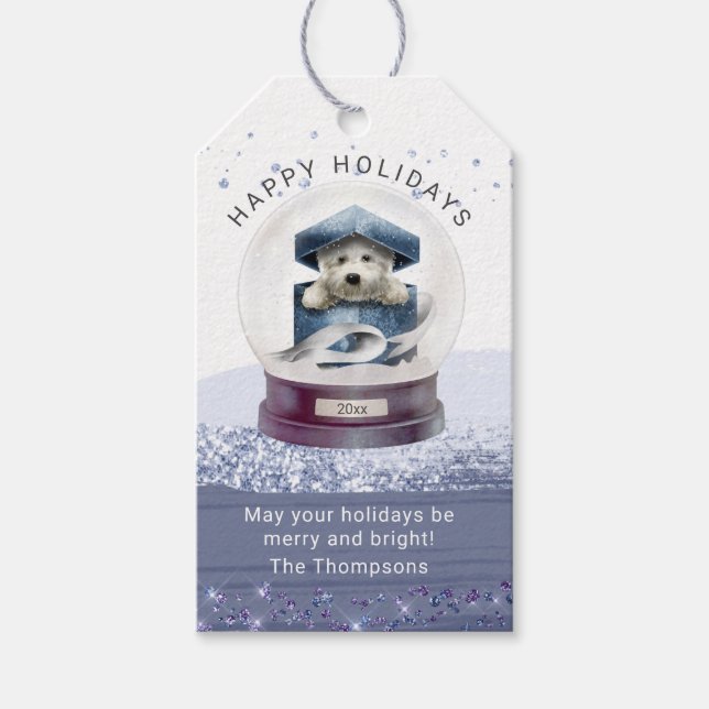 Etiqueta Para Presente Feliz Natal Férias Neve Globe Cachorro (Frente)