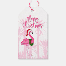 Etiqueta Para Presente Feliz Natal Flamingo Palm Árvores Rosa-Rosa-Branca