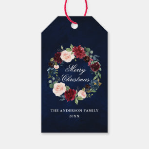 Etiqueta Para Presente Feliz Natal floral da grinalda da aguarela azul
