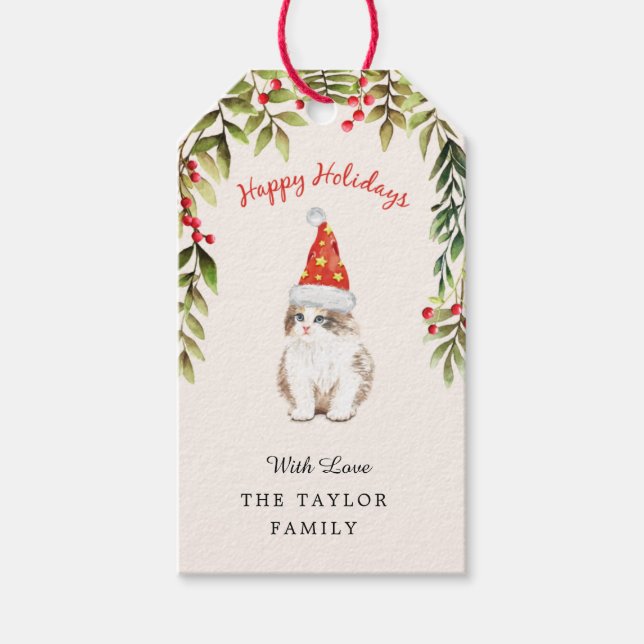 Etiqueta Para Presente Feliz Natal  Gatinho Amante de Gato Chapéu Vermelh (Frente)
