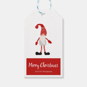 Etiqueta Para Presente Feliz Natal Gnomo Cinza Vermelho Listra Nórdica