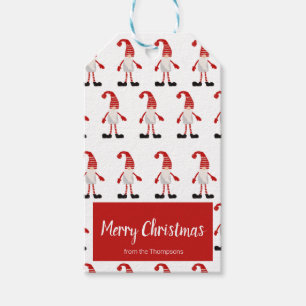 Etiqueta Para Presente Feliz Natal Gnomo Cinza Vermelho Padrão Nórdico
