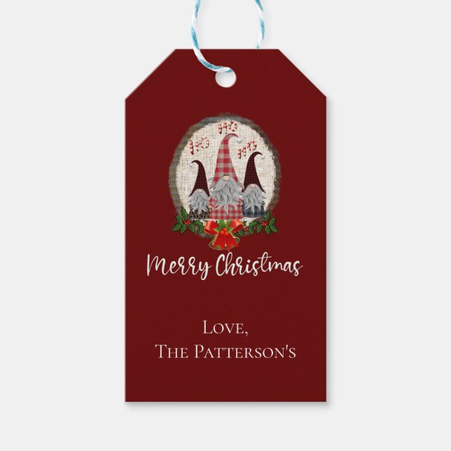 Etiqueta Para Presente Feliz Natal Gnomos Vermelho, Russo, Xadrez, Trendê (Frente)