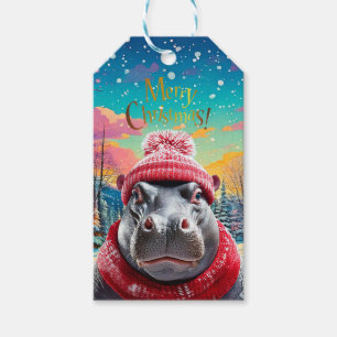 Etiqueta Para Presente Feliz Natal Hippo Santa Chapéu e cachecol