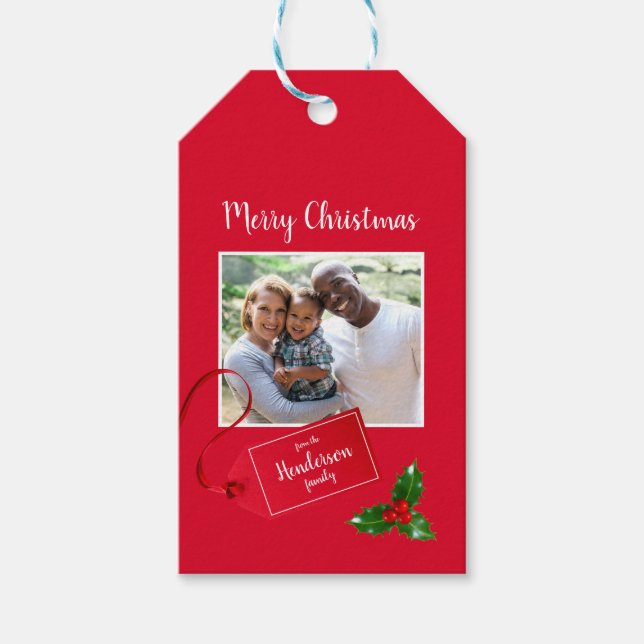 Etiqueta Para Presente Feliz Natal Holly Sprig - Foto personalizada - (Frente)