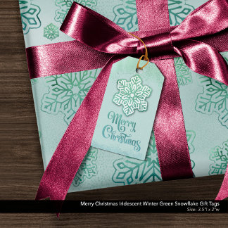 Etiqueta Para Presente Feliz Natal Iridescente Floco de Neve Verde de inv