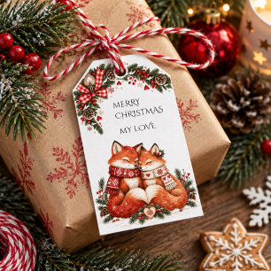 Etiqueta Para Presente Feliz Natal Meu Amor Casal de Raposas Escandinavas