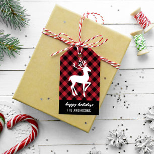 Etiqueta Para Presente Feliz Natal Moderno Rena Veado Vermelho Xadrez Búf