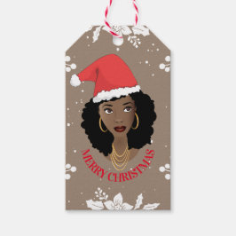 Etiqueta Para Presente Feliz Natal, Mulher Negra, Chapéu Vermelho de Sant