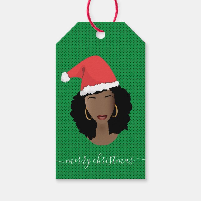 Etiqueta Para Presente Feliz Natal, Mulher Negra, Papai Noel, Verde (Frente)