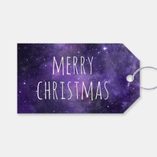 Etiqueta Para Presente Feliz Natal. Noite de inverno no espaço em roxo