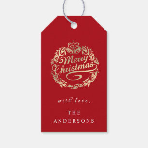Etiqueta Para Presente Feliz Natal Para Dar Nome Wreath Royal Red Dourado