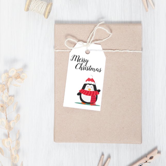 Etiqueta Para Presente Feliz Natal Pinguim Pinguim Santa Hat (Criador carregado)