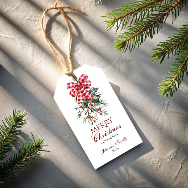 Etiqueta Para Presente Feliz Natal, pinheiros de arco vermelho (Merry Christmas red bow pines rustic Gift Tags personalized gift tags customized Christmas gift tags)