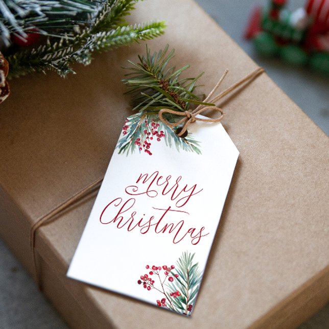 Etiqueta Para Presente Feliz Natal - Pinheiros e Berries (Merry Christmas Watercolor Pine and Berries Gift Tags)