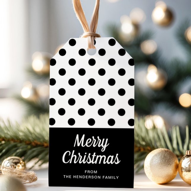 Etiqueta Para Presente Feliz Natal Preto E Branco Moderno (Black And White Polka Dots Merry Christmas Gift Tags)
