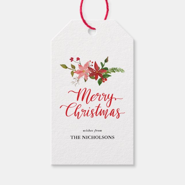 Etiqueta Para Presente Feliz Natal - Script Manuscrito Poinsettia (Frente)
