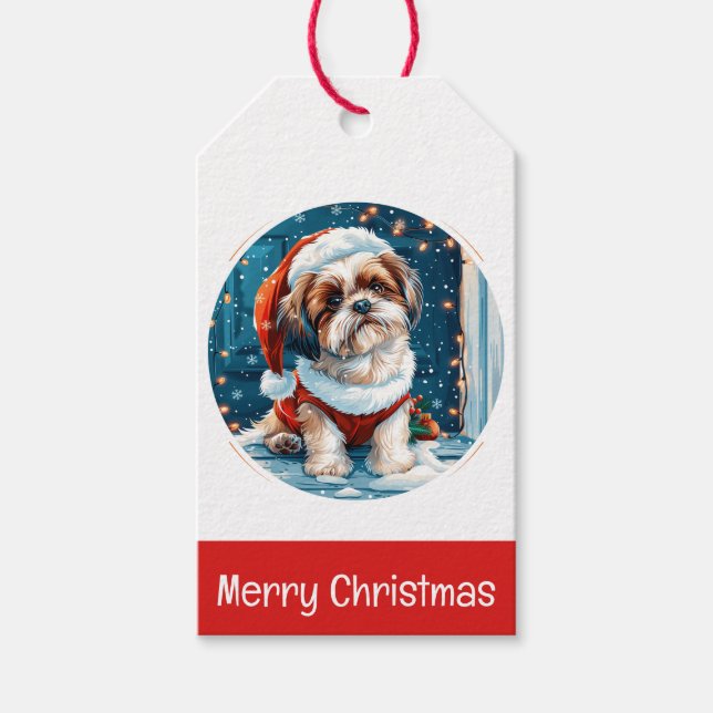 Etiqueta Para Presente Feliz Natal Shih Tzu Papai noel Cão (Frente)