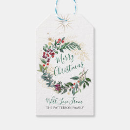 Etiqueta Para Presente Feliz Natal Watercolor Holly Berry Wreath