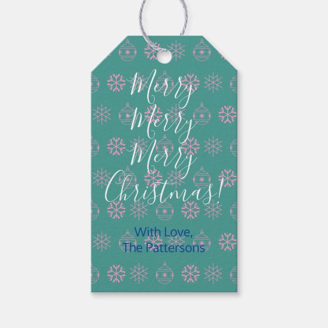 Etiqueta Para Presente Feliz Natal, White Script, DIY Name, Teal (Frente)