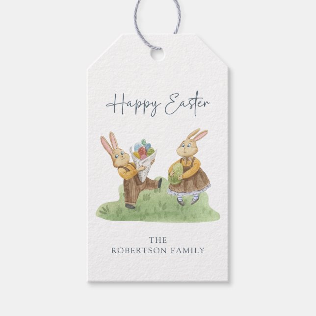 Etiqueta Para Presente Feliz Páscoa, Coelhos Fofos, Aquarela Páscoa (Frente)