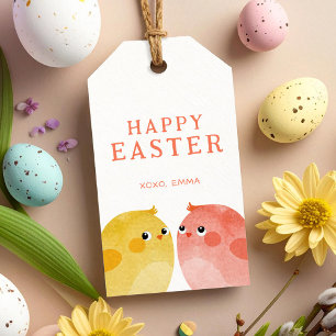 Etiqueta Para Presente Feliz Páscoa com dois Frangos em Amarelo e Rosa