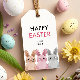 Etiqueta Para Presente Feliz Páscoa com três adoráveis coelhinhos bebês