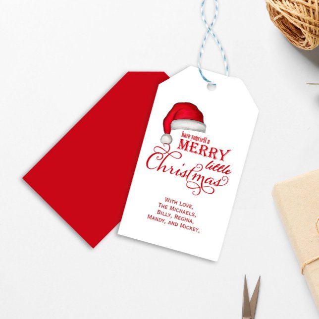 Etiqueta Para Presente Feliz Pequeno Natal Personalizado (Merry little Christmas holiday gift tag with watercolor Santa Hat. )