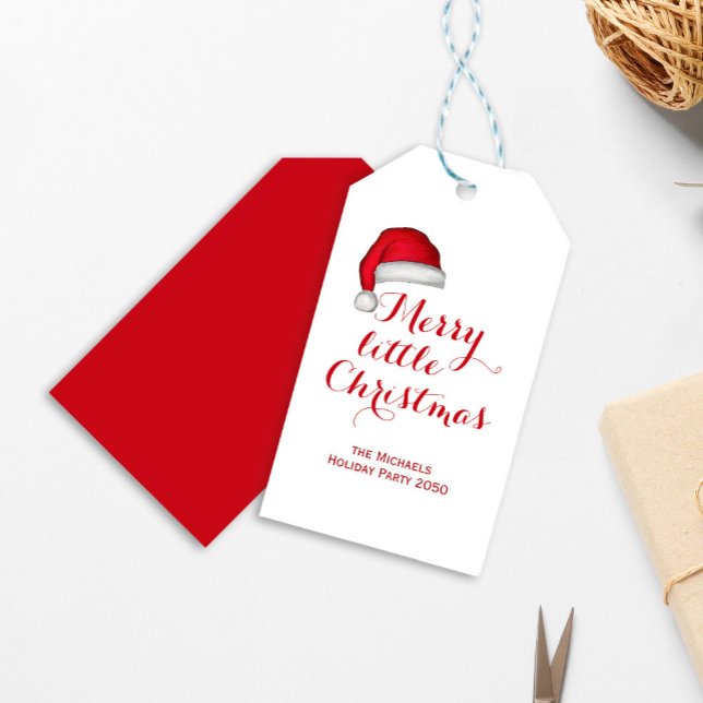 Etiqueta Para Presente Feliz Pequeno Natal Personalizado (Merry little Christmas holiday gift tag with watercolor Santa Hat. )