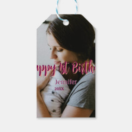 Etiqueta Para Presente Feliz primeiro aniversario, bebê mãe vermelha, lar