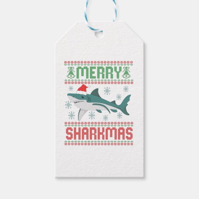 Etiqueta Para Presente Feliz Sharkmas Engraçado Tubarão de Natal Feio (Frente)