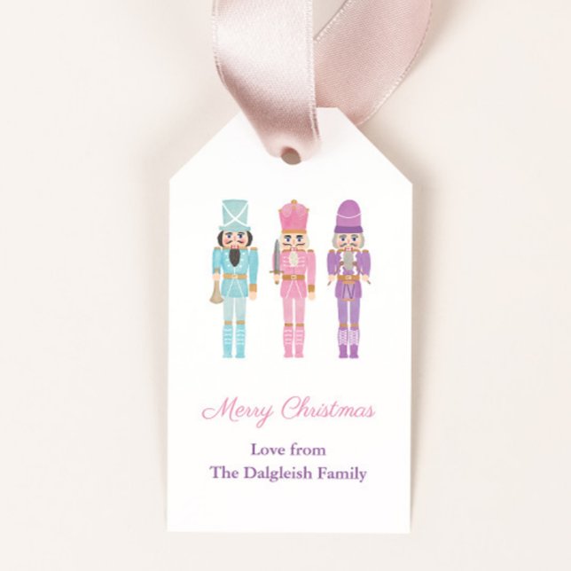 Etiqueta Para Presente Felizes Feriados do Balé Pastel Nutcracker Soldier (Watercolor nutcrackers in mint, pink and lilac uniforms merry christmas gift tags)