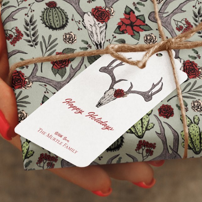 Etiqueta Para Presente Felizes Feriados, Reindeer Crânio Touro (Custom "Happy Holidays" Country Western Christmas Hand-Drawn Reindeer Skull, Antlers, Red Roses.)