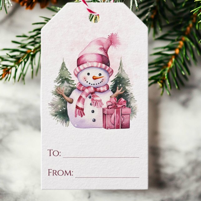 Etiqueta Para Presente Feriado Branco Rosa Snowman Natal (Cute watercolor pink snowman to and from Christmas gift tags)