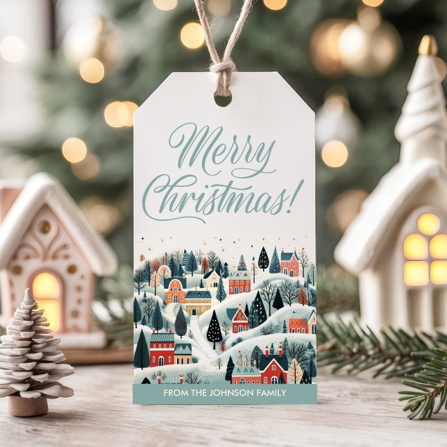 Etiqueta Para Presente Feriado da vila de inverno azul-feliz (Criador carregado)