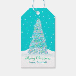 Etiqueta Para Presente Feriado de Árvore de Natal Decorado em Aqua