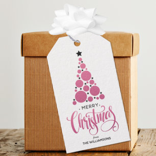 Etiqueta Para Presente Feriado de Árvore de Natal Rosa Moderno