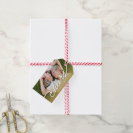 Etiqueta Para Presente Feriado de Foto do Ombre Dourado com Script de Ani