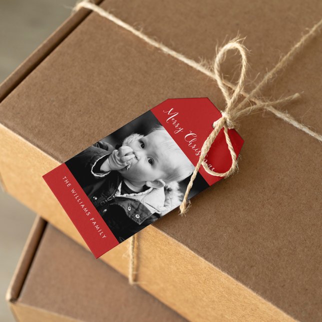 Etiqueta Para Presente Feriado de Foto Vermelho "Feliz Natal" (Criador carregado)