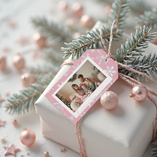Etiqueta Para Presente Feriado de Fotografia em Flocos de Neve Rosa Elega