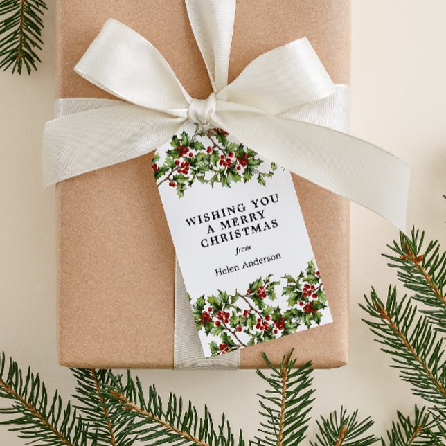 Etiqueta Para Presente Feriado de Natal antigo Holly (vintage holly graphic custom message Christmas gift tag)
