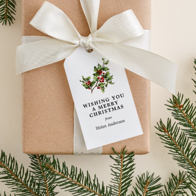 Etiqueta Para Presente Feriado de Natal antigo Holly (vintage holly graphics traditional Christmas gift tag)